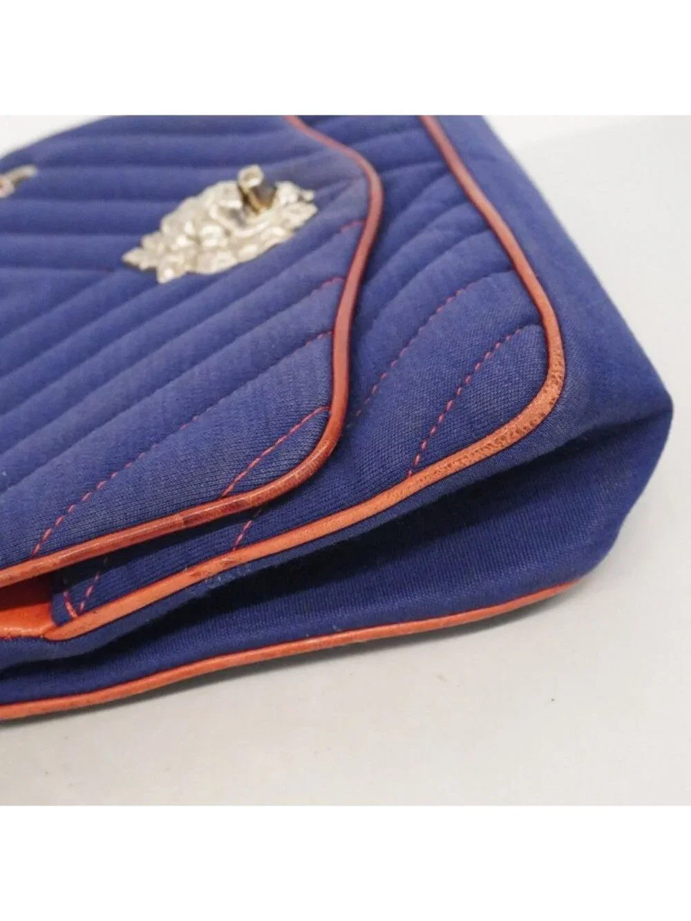 Chanel Shoulder Bag Stitch Canvas Navy Red Silver